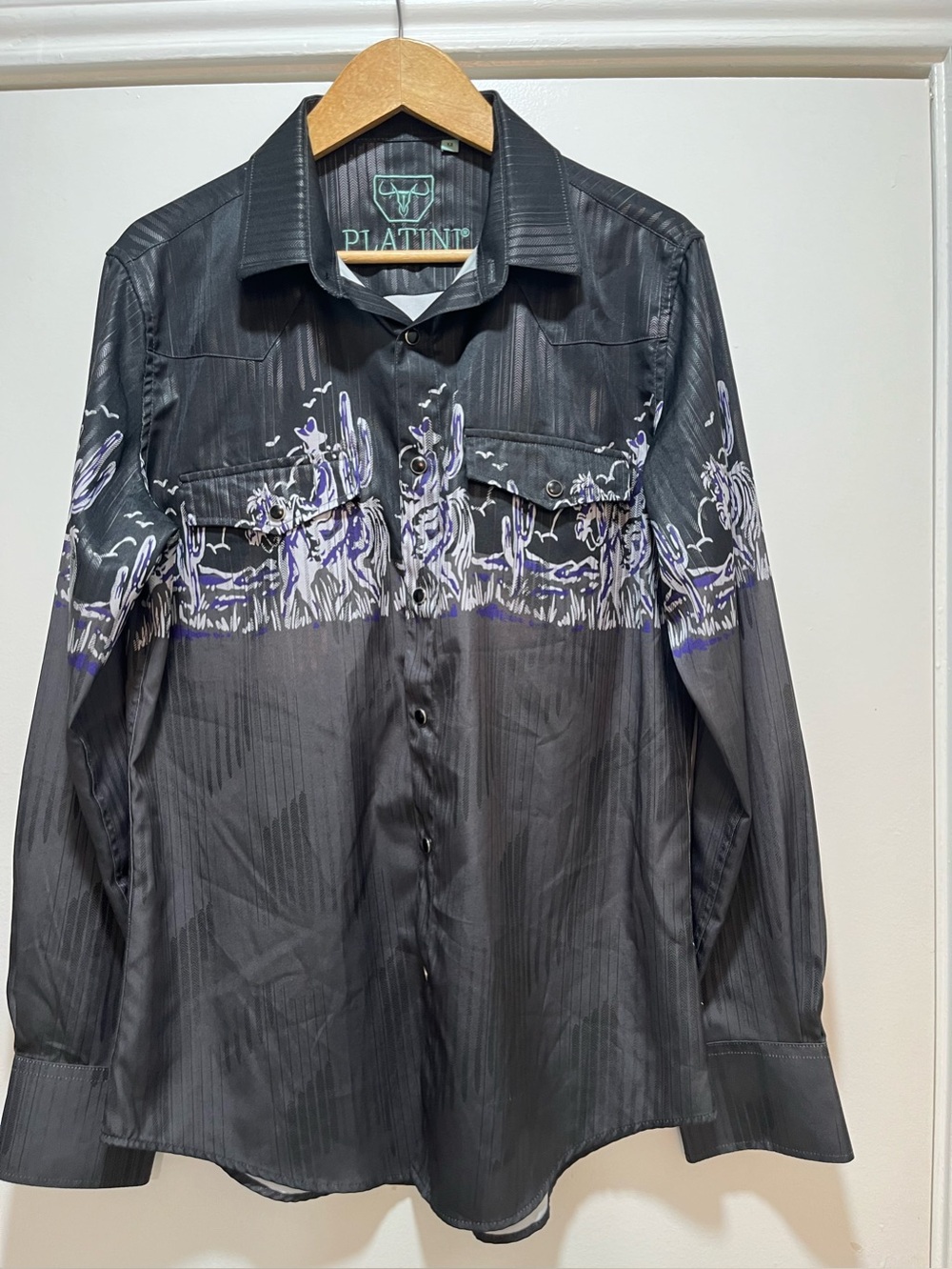Men’s Platini Foil Panoramic Western Southwest Pearl Snap Shirt Med Modern Fit